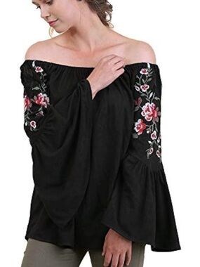 Umgee Black Off-Shoulder Floral Embroidered Bell Sleeve Top